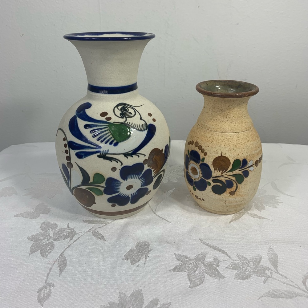 2 Tonala Mexican Folk Art Sandstone Vases Bird Flower Blue Brown Signed